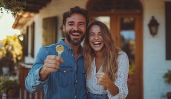 A joyful young couple standing at the entrance of their new house, both showing a key with excited expressions, the front porch and door behind them, financed through SMSF