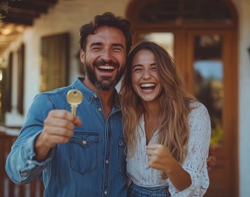 A joyful young couple standing at the entrance of their new house, both showing a key with excited expressions, the front porch and door behind them, financed through SMSF