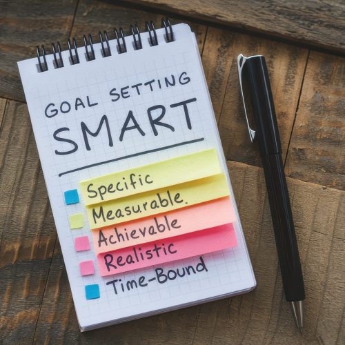Goal Setting SMART Notebook on Wooden Desk Goal Setting SMART Notebook on Wooden Desk